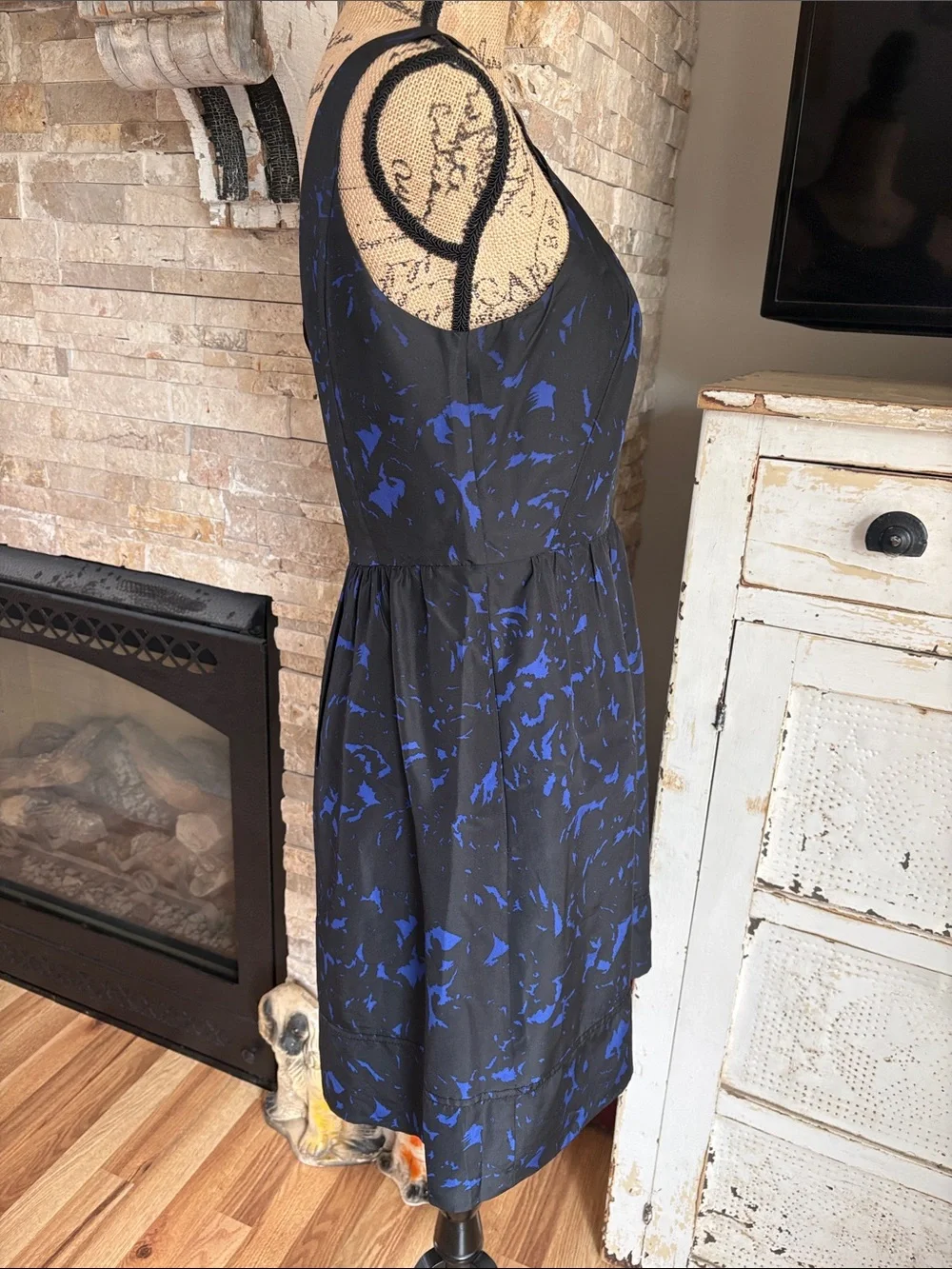 J. Crew 100% silk black and blue sleeveless dress featuring gathered halter neck